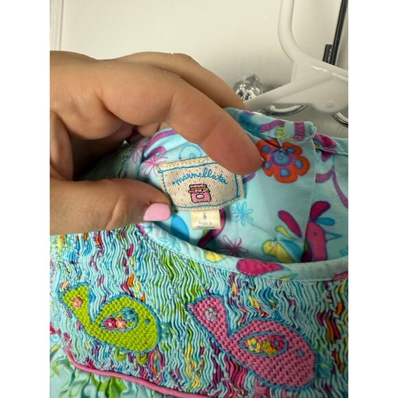 Marmellata Blue Pink Floral Bell Sleeve Ruffle Smocked Bird Dress Size 6 - Picture 7 of 8